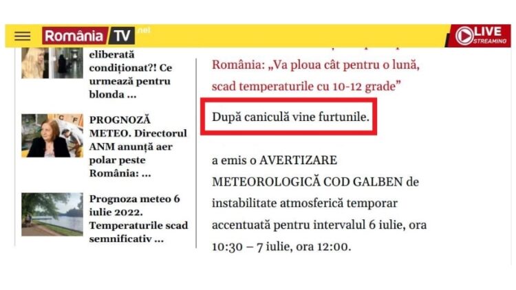 RomâniaTV: „După caniculă vine furtunile”